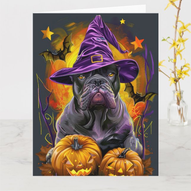 Carte Bâton effrayant Chien Corso Halloween Sorcière Et  (Fleur jaune)