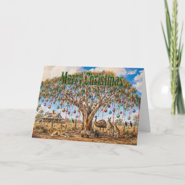 Carte Baubles de Noël d'animaux australiens sur un eucal (Devant)