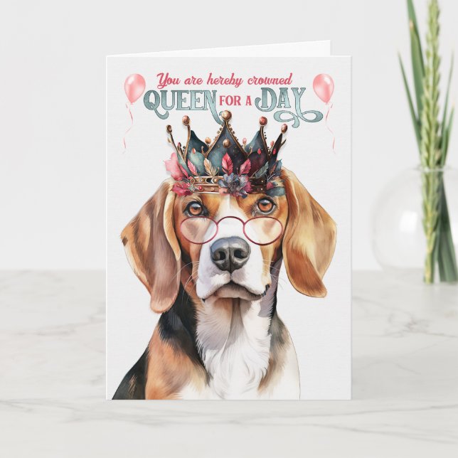 Carte Beagle Dog Queen pour une journée drôle d'annivers (Devant)