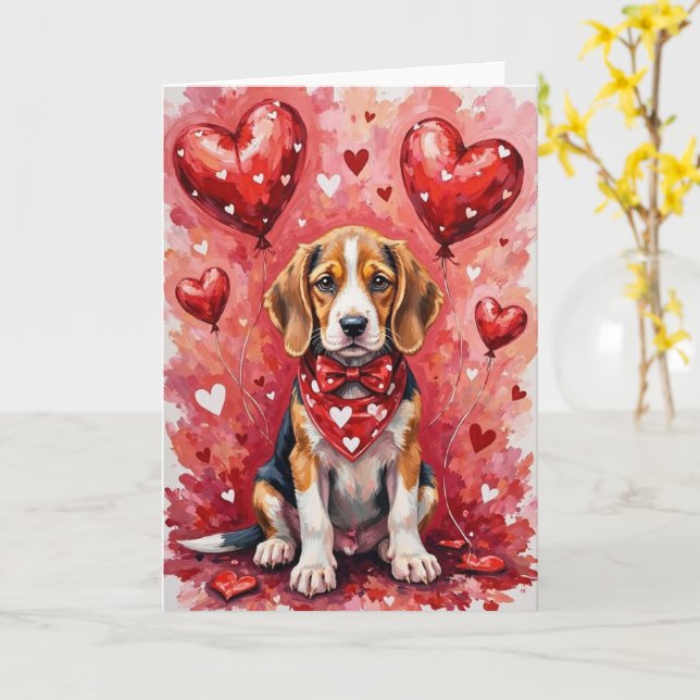 Carte Beagle Valentine’s Day Dog with Hearts Red (Fleur jaune)