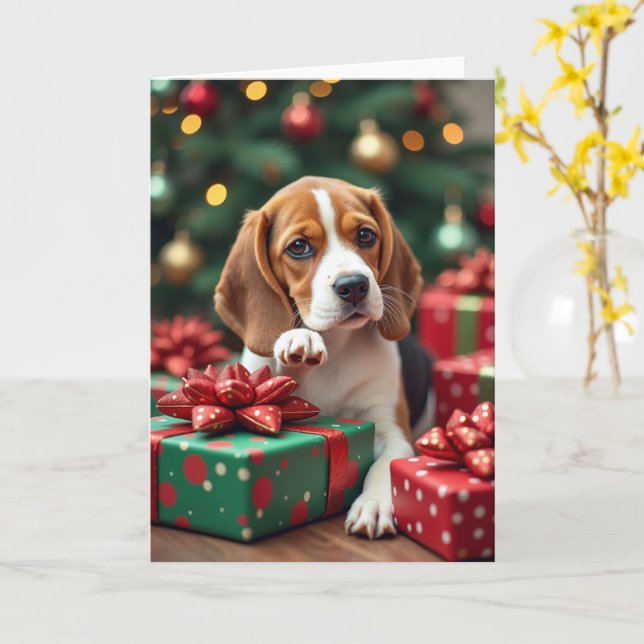 Carte Beagle Wrapping Gifts Christmas Painting (Fleur jaune)
