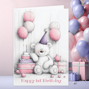 Carte Bear en Teddy rose mignonne 1er anniversaire
