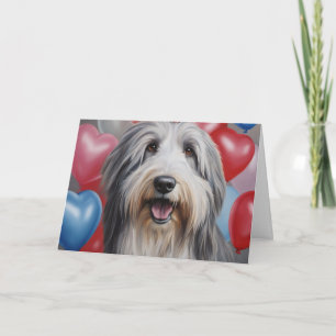 Carte Bearded Collie Heureux avec Ballons Saint-Valentin