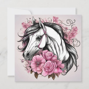 Carte Beau Cheval Blanc avec des Fleurs Roses 