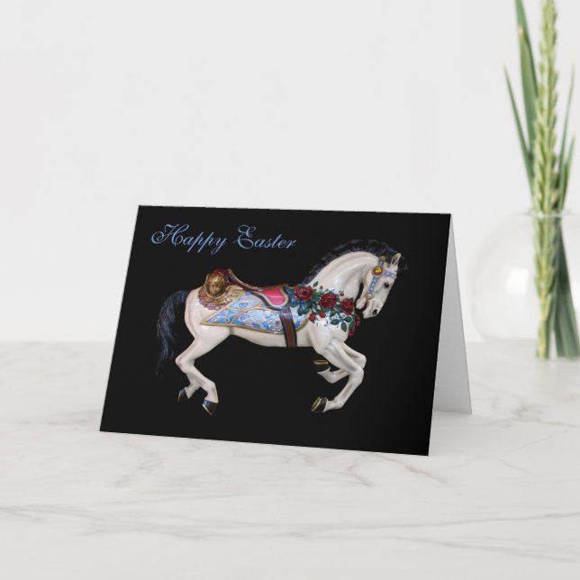 Carte Beau cheval blanc Joyeuses Pâques de carrousel (Devant)