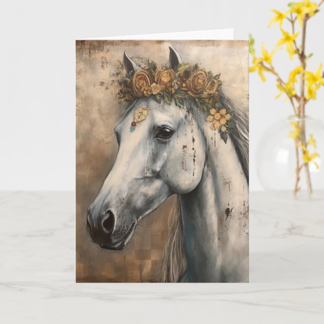 Carte Beau Cheval Gris dans une couronne Boho en toutes  (Fleur jaune)