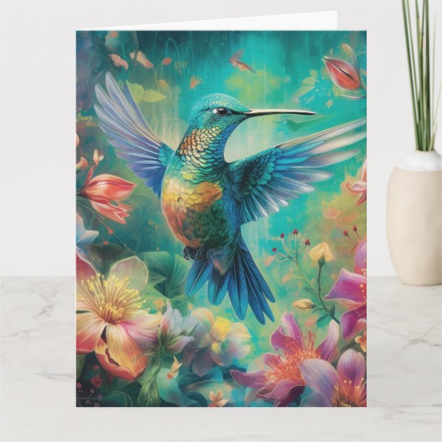 Carte Beau colibri entouré de fleurs (Devant)