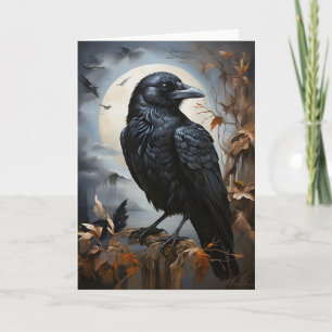 Carte Beau corbeau noir Portrait Arbres Lune Blank