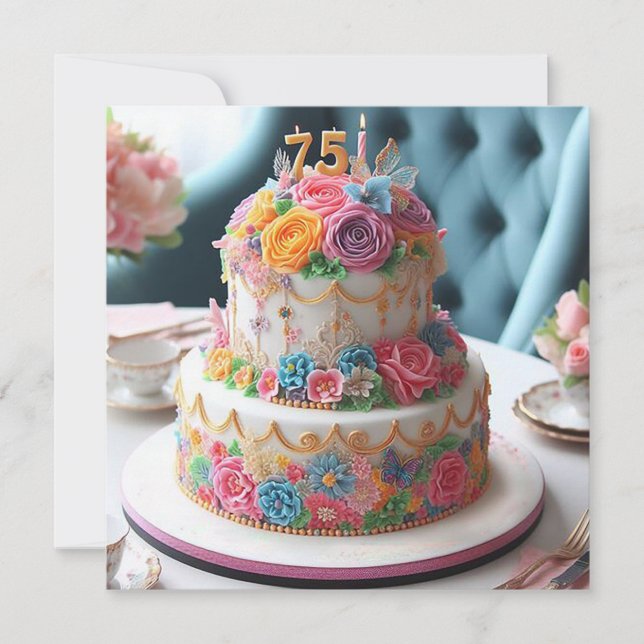 CARTE BEAU GÂTEAU FLORAL 75E ANNIVERSAIRE (Devant)