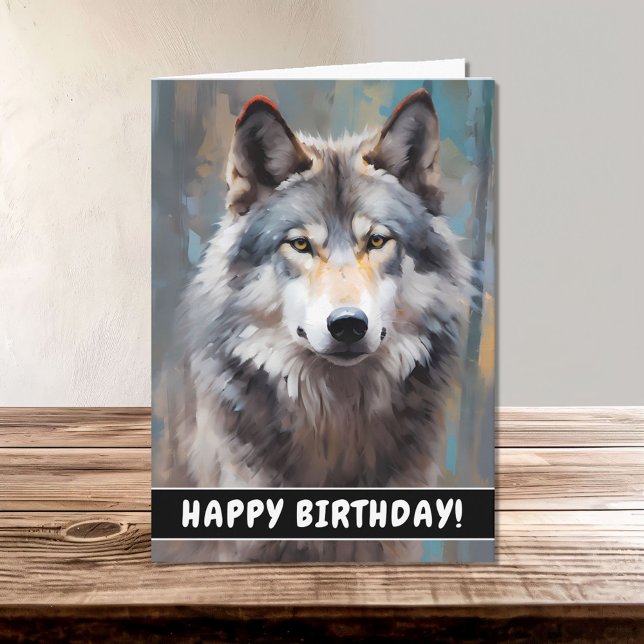 Carte Beau Gray Wild Wolf Huile Style Joyeux Anniversair (Créateur téléchargé)