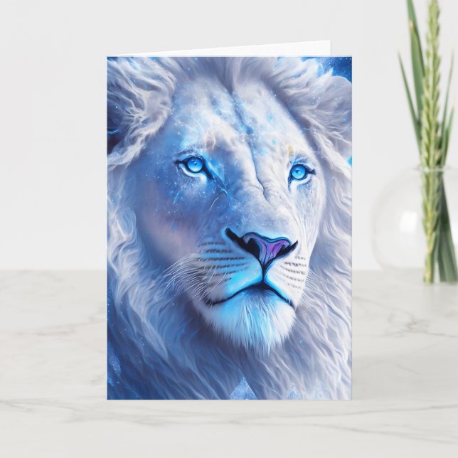Carte Beau Lion blanc mystique aux yeux bleus (Devant)