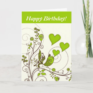 Carte Beau oiseau et coeurs fleuri vert, marron personna