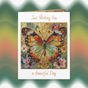 Carte Beau Papillon et Fleurs en Impasto sur Fond Blanc