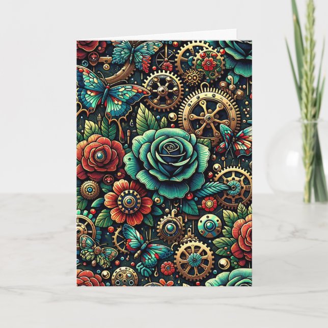 Carte Beau Steampunk Gears à thème et Rose Blank (Devant)