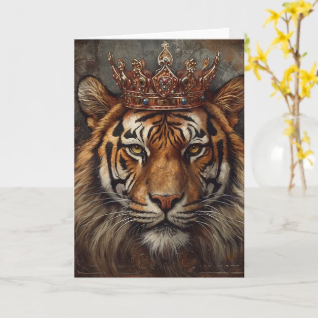 Carte Beau Tiger Big Chat dans une couronne en toutes oc (Fleur jaune)