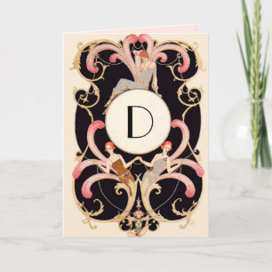 Carte BEAUTÉ ART DÉCO MODE MONOGRAMME GEMME ROUGE Annive
