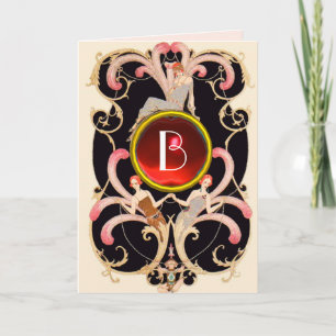 Carte BEAUTÉ ART DÉCO MODE MONOGRAMME GEMME ROUGE Annive