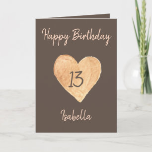 Carte Beautiful Khaki Watercolor Heart 13th Birthday 