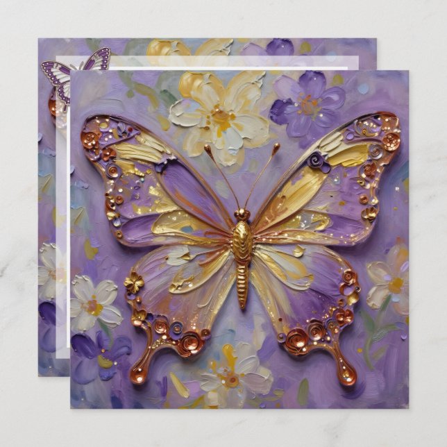 Carte Beautiful Purple Butterfly and Flowers Blank (Devant / Derrière)