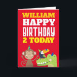 Carte Beaux Animaux Enfants N'Importe Quel Nom D'Âge Car<br><div class="desc">Salutations colorées pour un jeune enfant de n'importe quel âge avec ce design lumineux avec un mignon singe, toucan et crocodile portant des casquettes de fête sur le fond, et grande typographie audacieuse en blanc et les tons de jaune au sommet. Happy Birthday est dans une police blanche définie, et...</div>