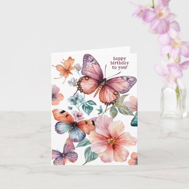 Carte Beaux papillons et fleurs Joyeux anniversaire (Orchidée)