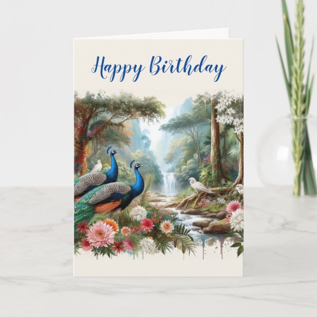 Carte Beaux Peacocks en Forêt de Pluie Anniversaire (Devant)