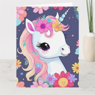 Carte Bébé blanc adorable licorne avec fleurs