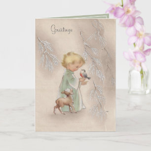 Carte Bébé blond Noël vintage oiseau agneau