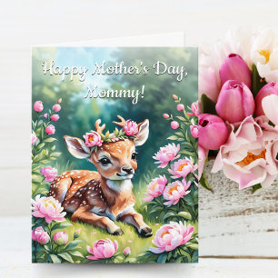 Carte Bébé Cerf Avec Couronne De Pivoines Maman Fête Des