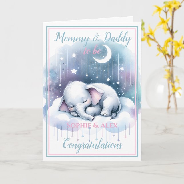 Carte Bébé éléphant attend maman et papa pour être  (Fleur jaune)