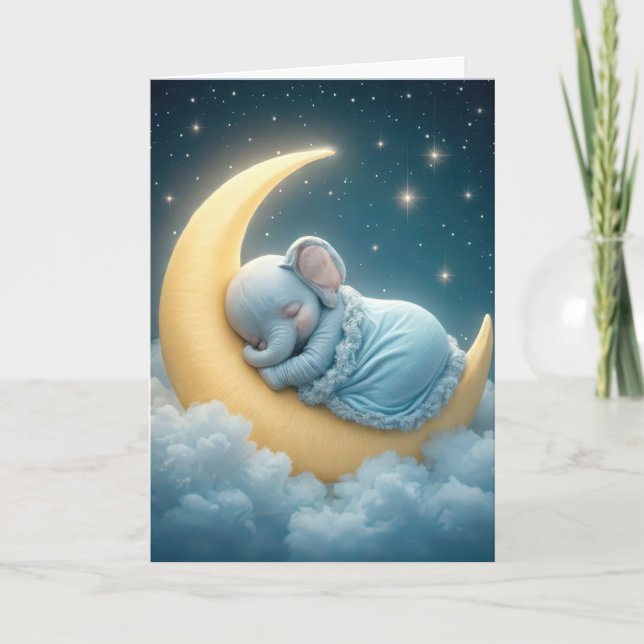 Carte Bébé Eléphant dormant sur une lune de croissant (Devant)