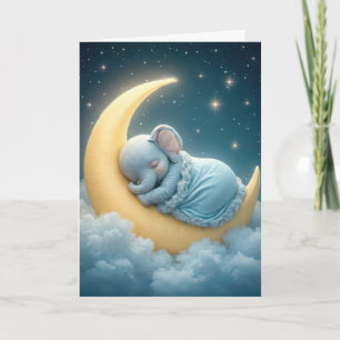 Carte Bébé Eléphant dormant sur une lune de croissant