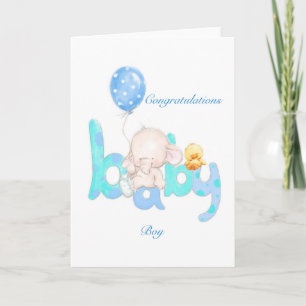 Carte Bébé éléphant garçon avec ballon, félicitations