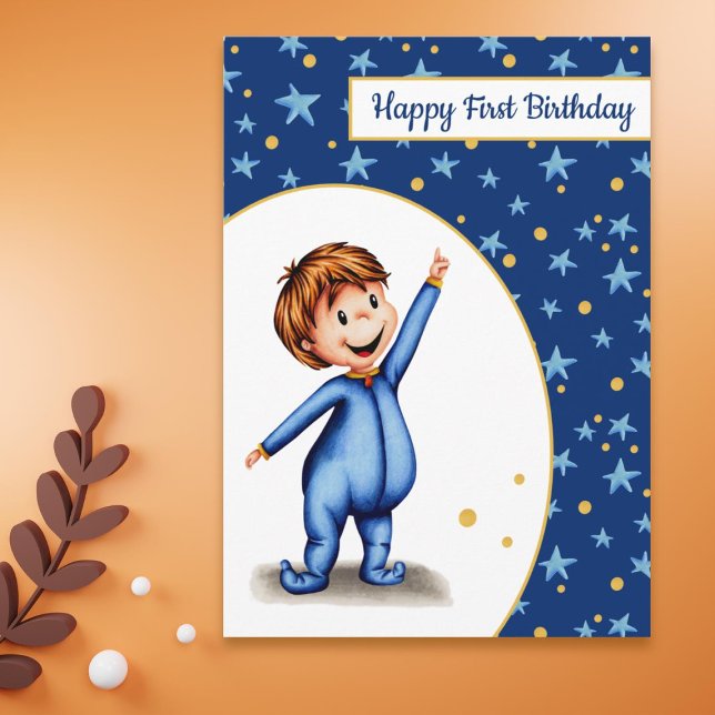 Carte Bébé en pyjama Bleu et Jaune Premier anniversaire (Créateur téléchargé)