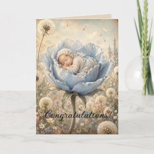 Carte Bébé endormi dans une fleur bleue Félicitations