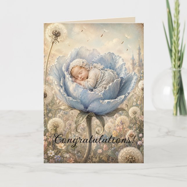 Carte Bébé endormi dans une fleur bleue Félicitations (Devant)