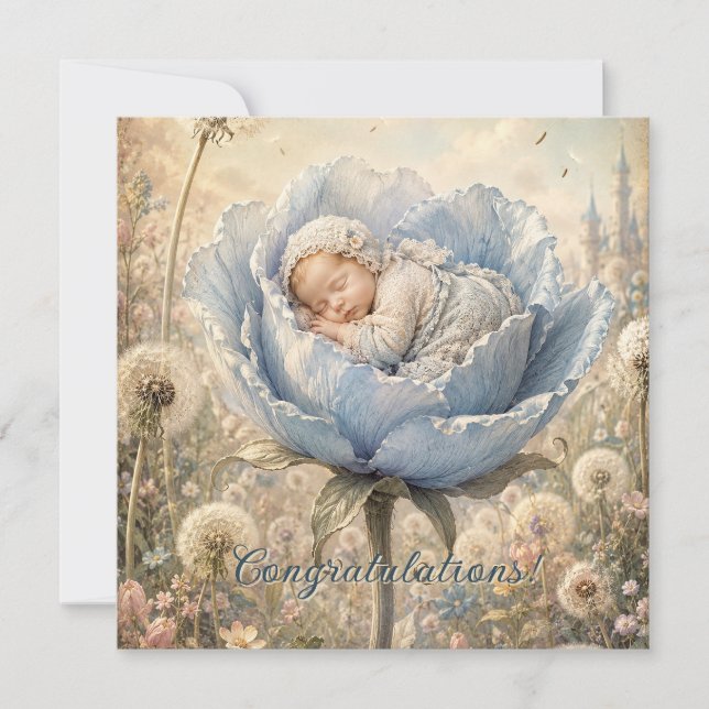 Carte Bébé endormi dans une fleur bleue Félicitations (Devant)