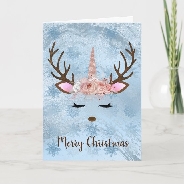 Carte Bébé fille bleu marbre licorne renne flocons de ne (Devant)