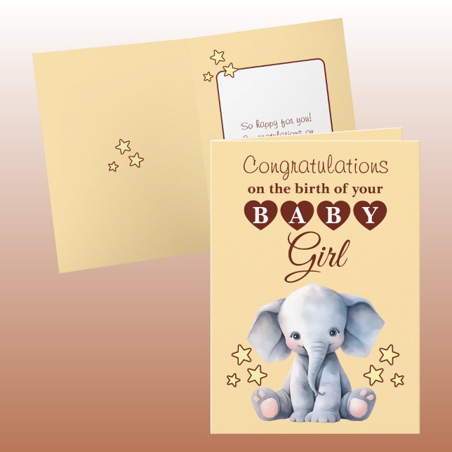 Carte Bébé fille félicitations éléphant pêche (Créateur téléchargé)