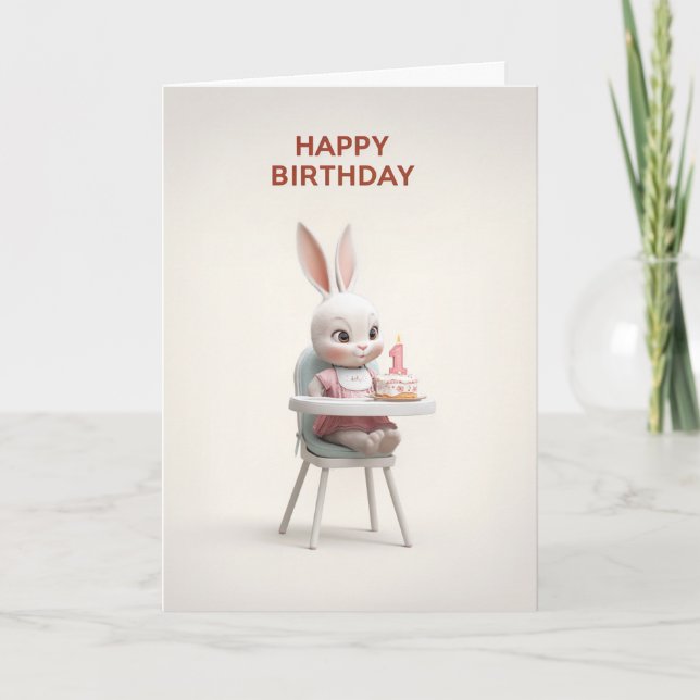 Carte Bébé fille lapin dans une chaise haute avec gâteau (Devant)