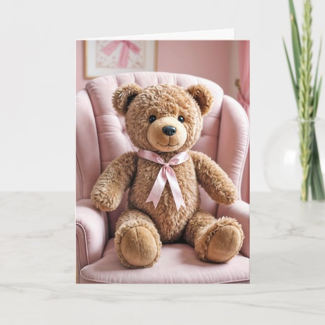 Carte Bébé Fille Teddy Ours Avec Bow Rose (Devant)