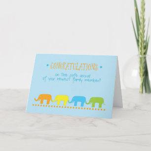 Carte Bébé garçon Félicitations, Blue, Eléphants orange