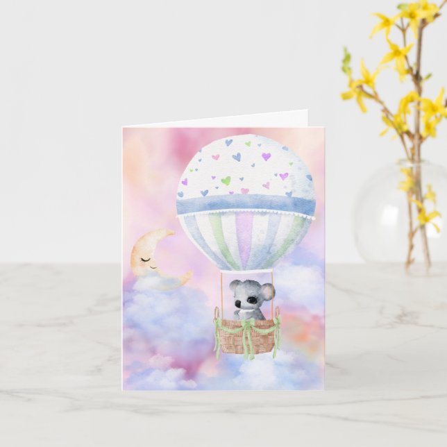 Carte Bébé Koala en ballon à air chaud Félicitations (Fleur jaune)