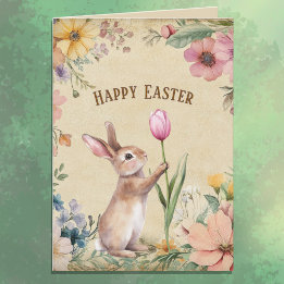 Carte Bébé lapin de Pâques avec tulipe rose florale vint
