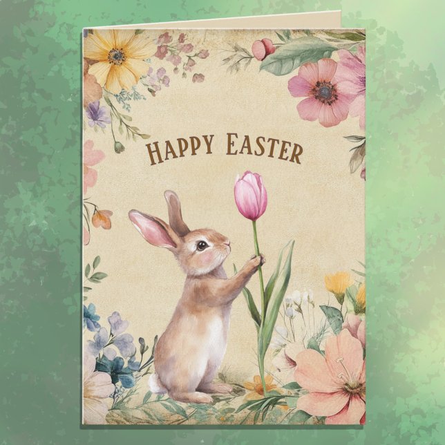 Carte Bébé lapin de Pâques avec tulipe rose florale vint (Créateur téléchargé)