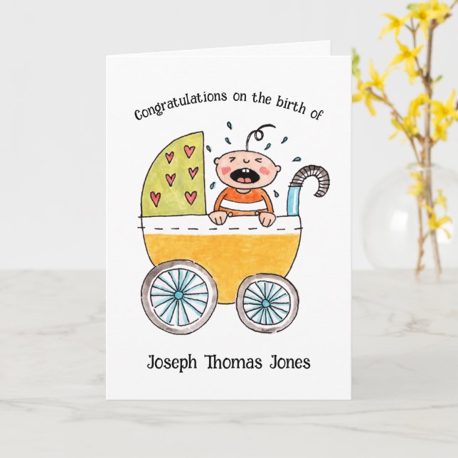 Carte Bébé Mignon dans un Landeau Félicitations pour la  (Fleur jaune)