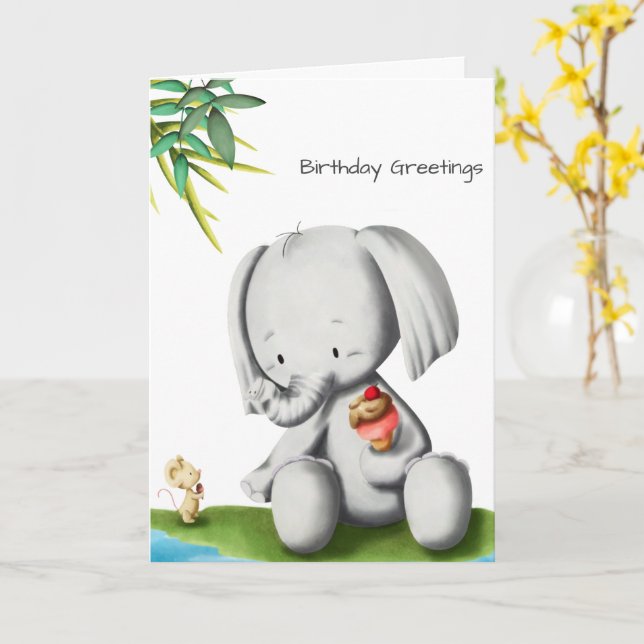 Carte Bébé mignon Eléphant Anniversaire (Fleur jaune)