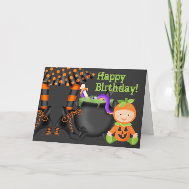 Carte Bébé mignon en costume Citrouille Halloween Annive (Devant)