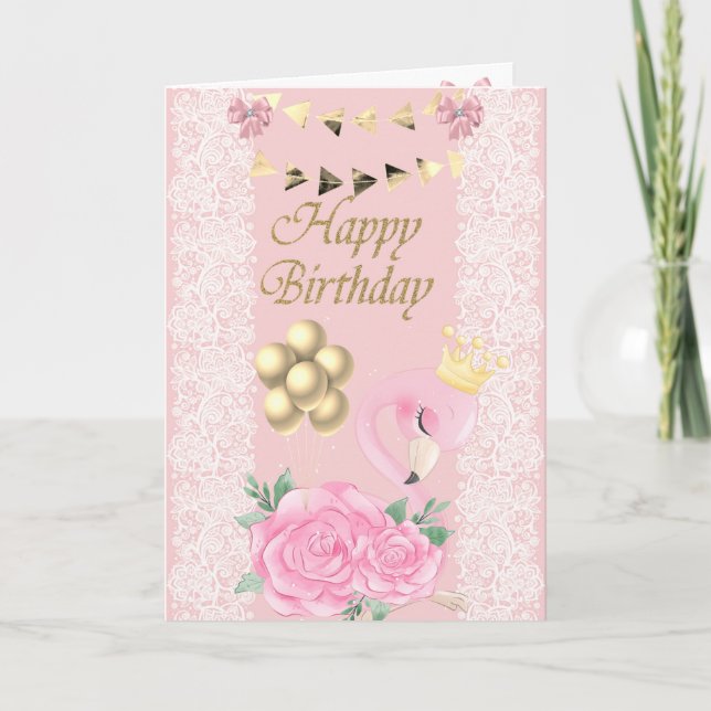 Carte Bébé Mignon Flamant Rose, Diadème, Ballons Anniver (Devant)
