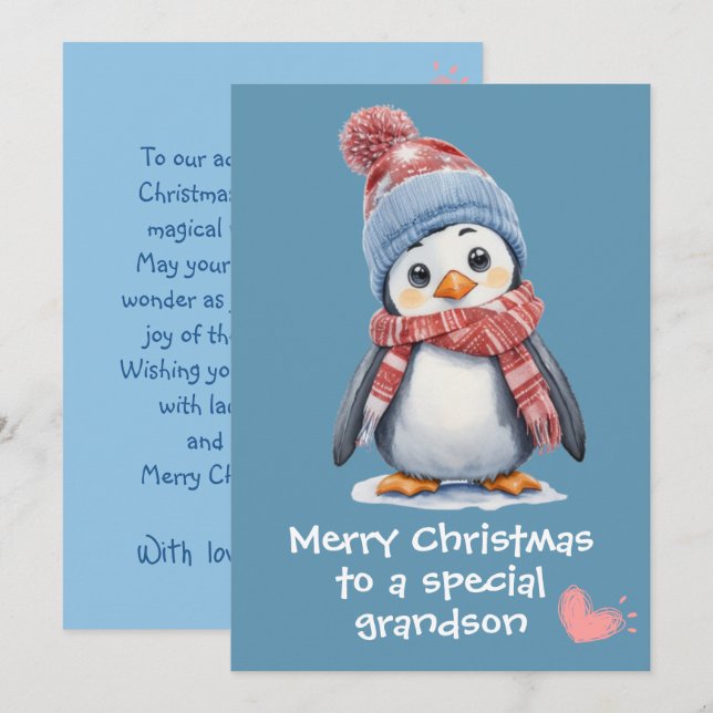 Carte Bébé mignon Penguin Bleu Noël pour les enfants vac (Devant / Derrière)